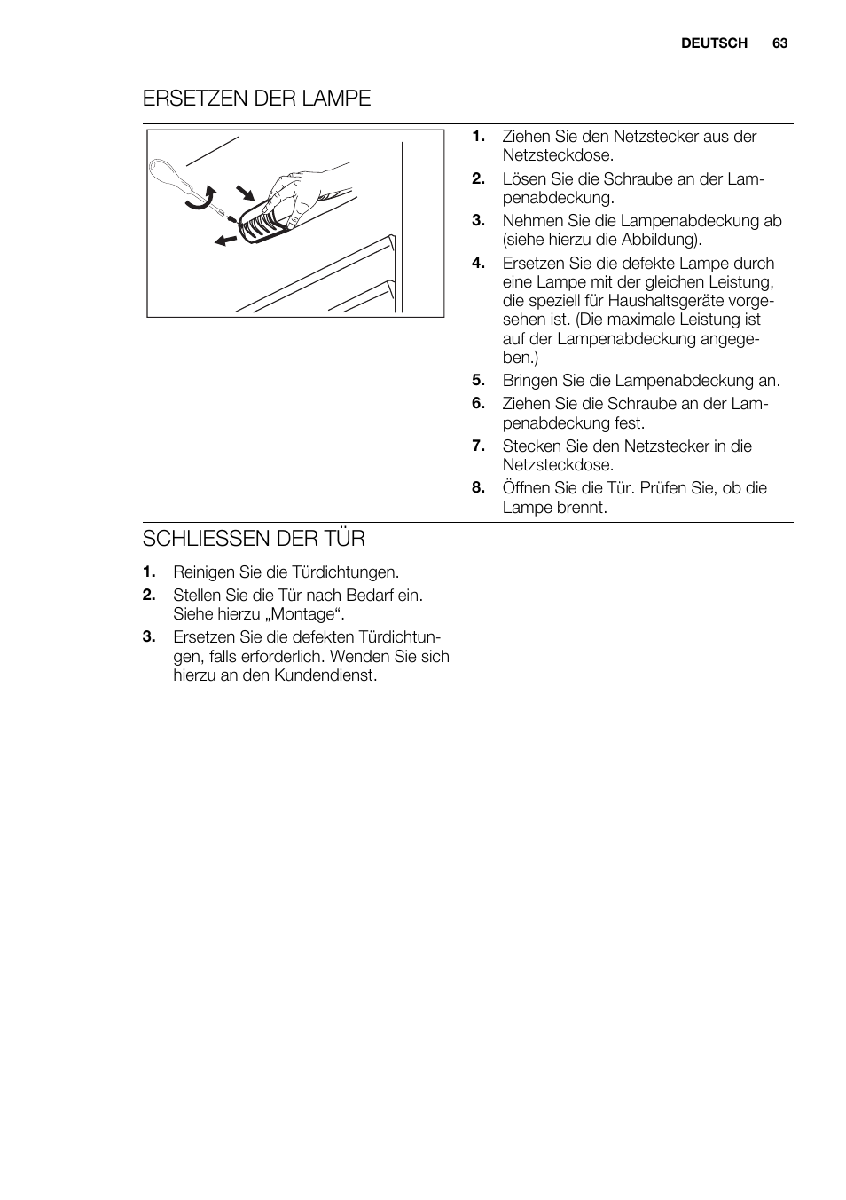 Ersetzen der lampe, Schliessen der tür | Electrolux ENN2900AOW User Manual | Page 63 / 100