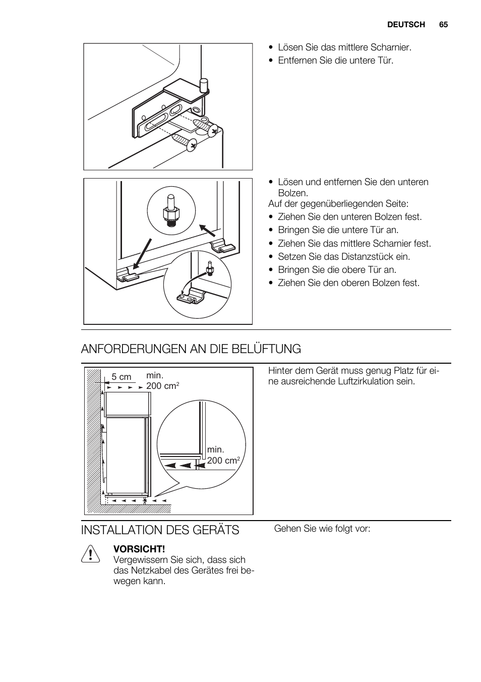 Anforderungen an die belüftung, Installation des geräts | Electrolux ENN2900AOW User Manual | Page 65 / 100