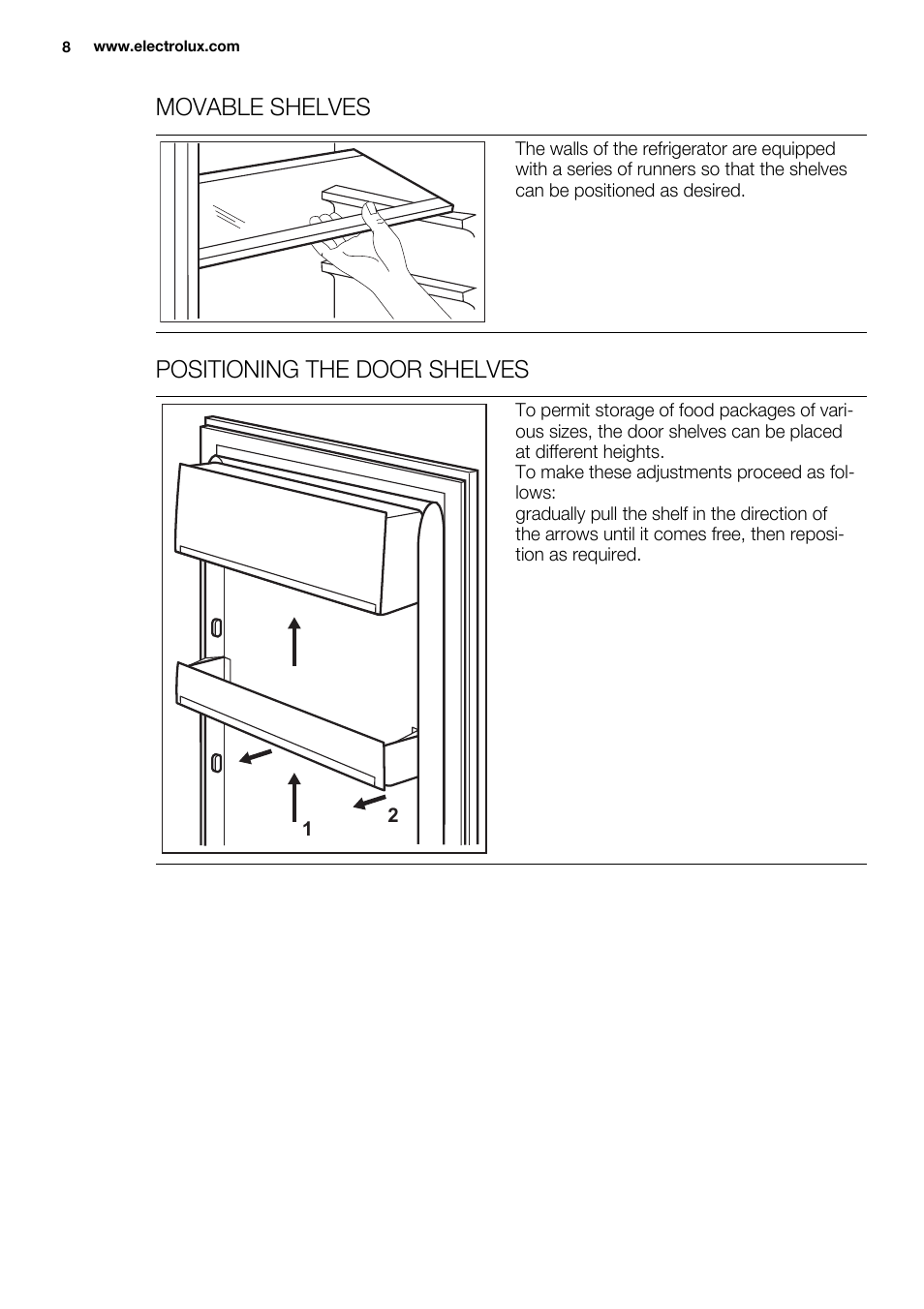 Movable shelves, Positioning the door shelves | Electrolux ENN2900AOW User Manual | Page 8 / 100