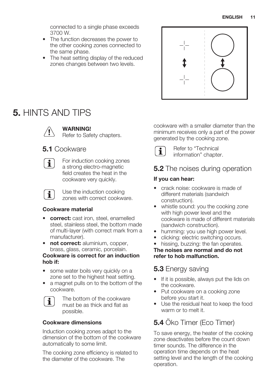 Hints and tips, 1 cookware, 2 the noises during operation | 3 energy saving, 4 öko timer (eco timer) | Electrolux EHI6740FOK User Manual | Page 11 / 76