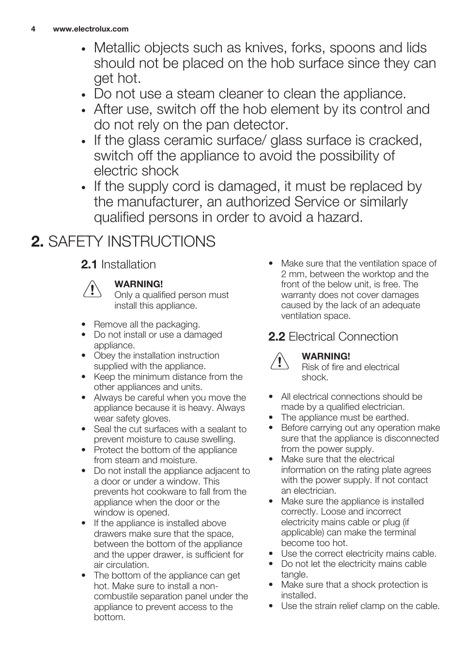Safety instructions, 1 installation, 2 electrical connection | Do not use a steam cleaner to clean the appliance | Electrolux EHI6740FOK User Manual | Page 4 / 76