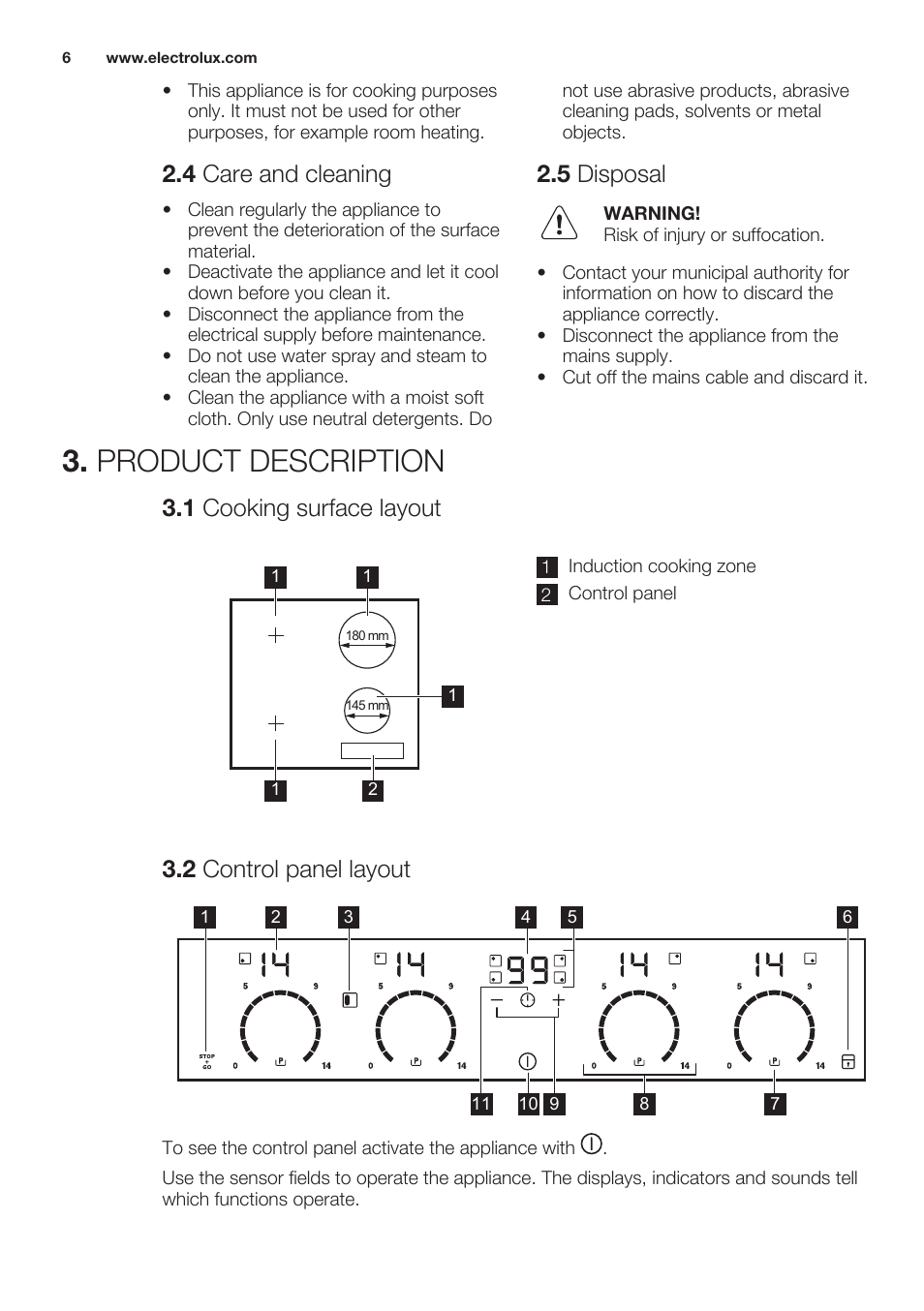4 care and cleaning, 5 disposal, Product description | 1 cooking surface layout, 2 control panel layout | Electrolux EHI6740FOK User Manual | Page 6 / 76
