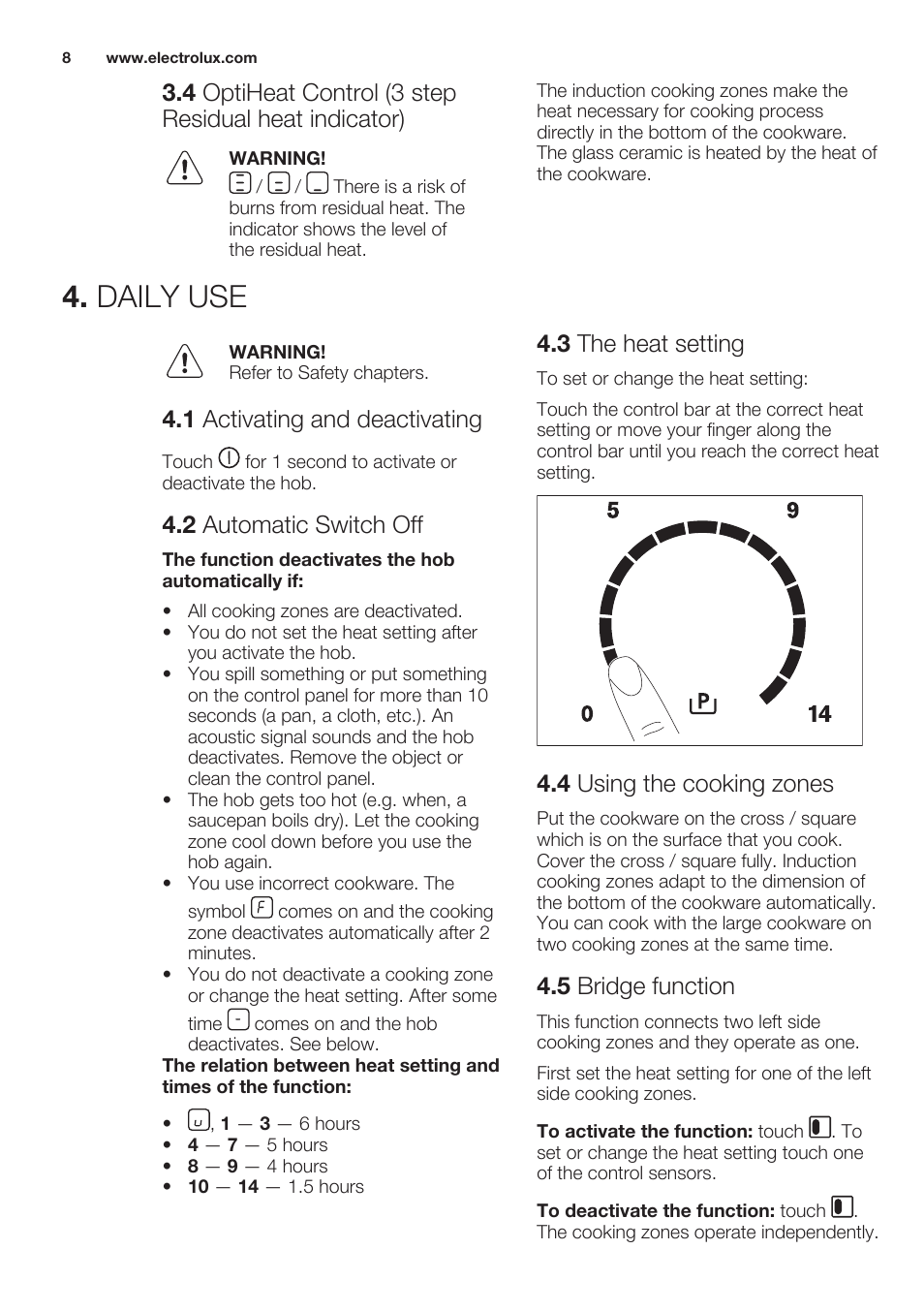 Daily use, 1 activating and deactivating, 2 automatic switch off | 3 the heat setting, 4 using the cooking zones, 5 bridge function | Electrolux EHI6740FOK User Manual | Page 8 / 76