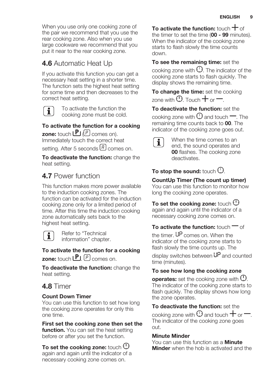 6 automatic heat up, 7 power function, 8 timer | Electrolux EHI6740FOK User Manual | Page 9 / 76