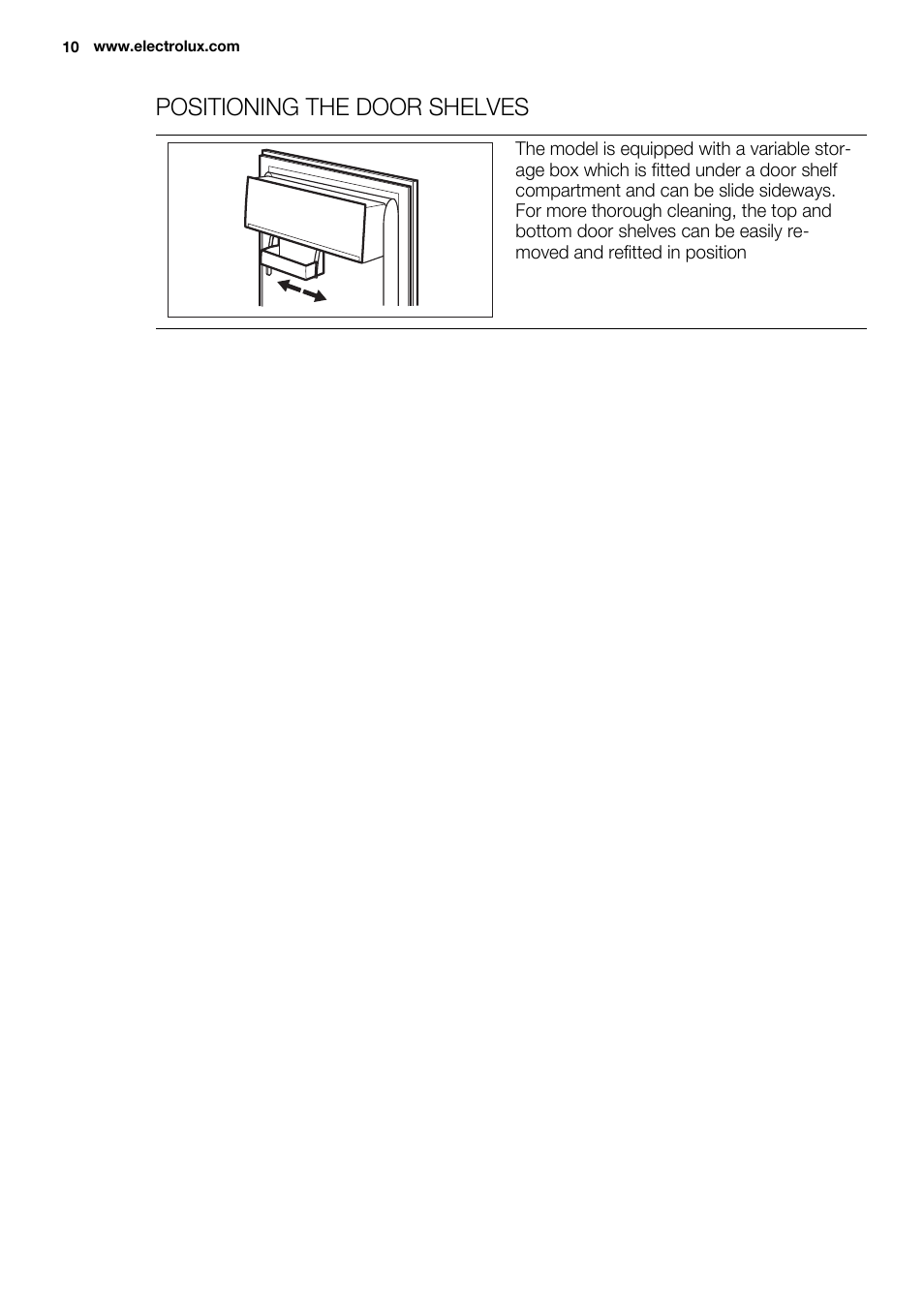 Positioning the door shelves | Electrolux ERY1201FOW User Manual | Page 10 / 68