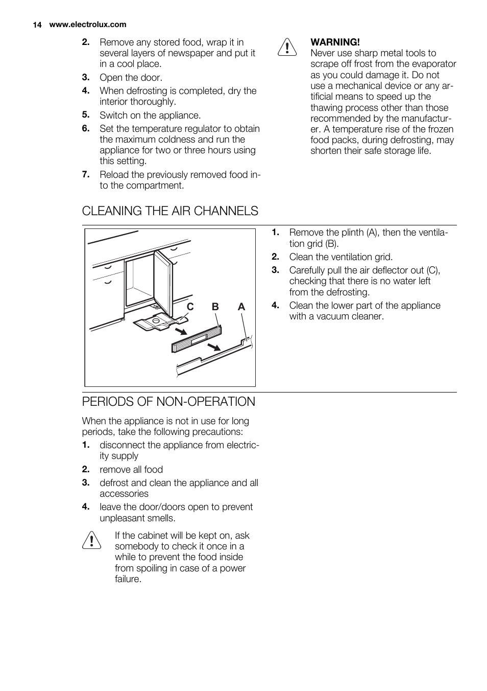 Cleaning the air channels, Periods of non-operation | Electrolux ERY1201FOW User Manual | Page 14 / 68