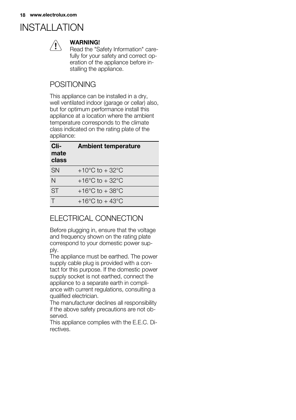 Installation | Electrolux ERY1201FOW User Manual | Page 18 / 68