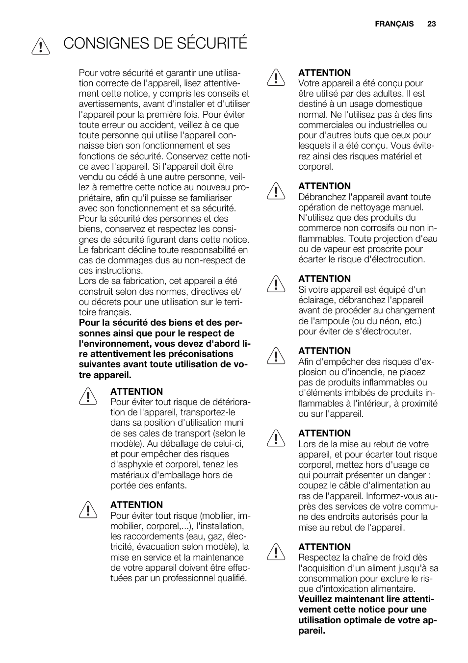 Consignes de sécurité | Electrolux ERY1201FOW User Manual | Page 23 / 68