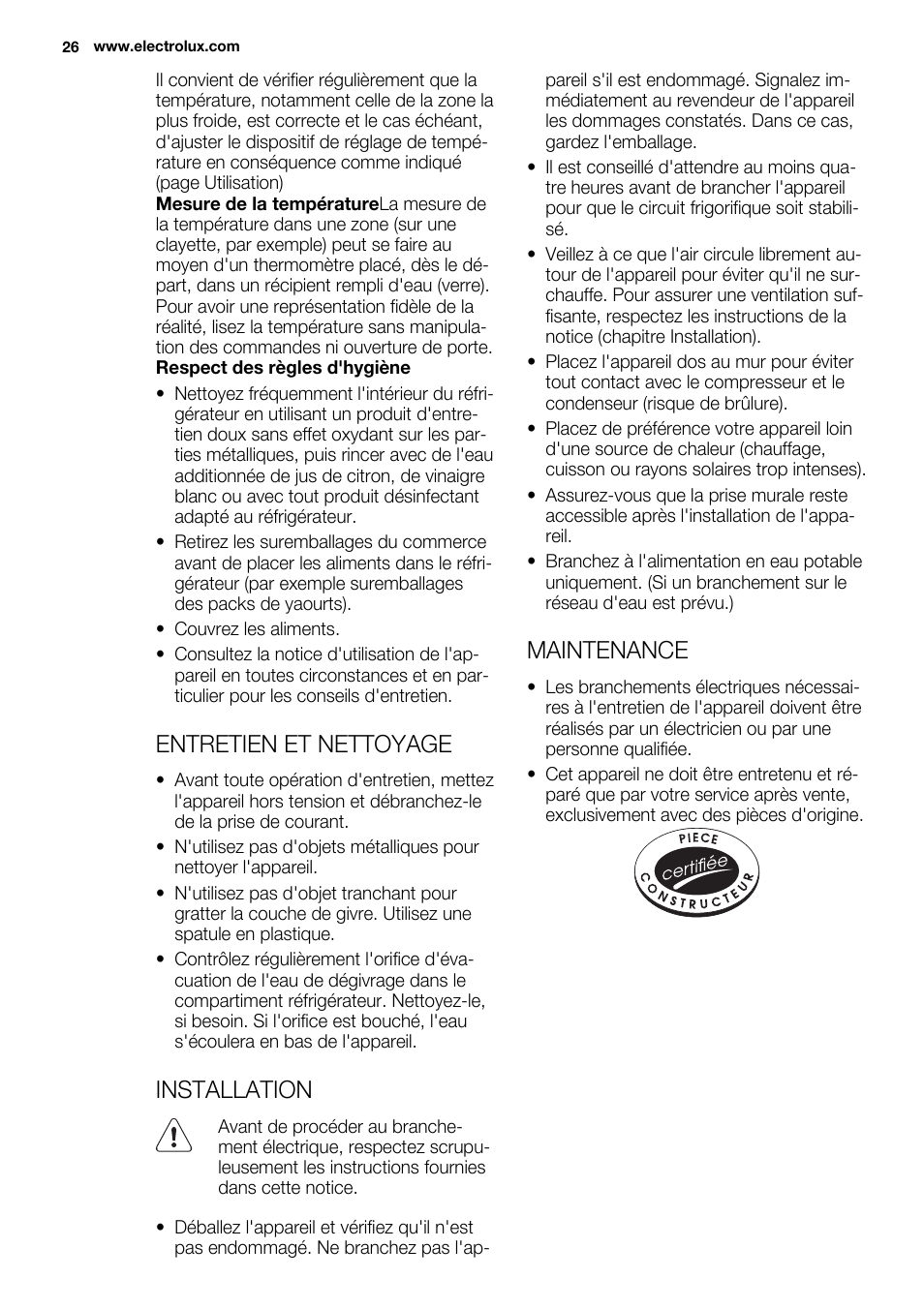 Entretien et nettoyage, Installation, Maintenance | Electrolux ERY1201FOW User Manual | Page 26 / 68