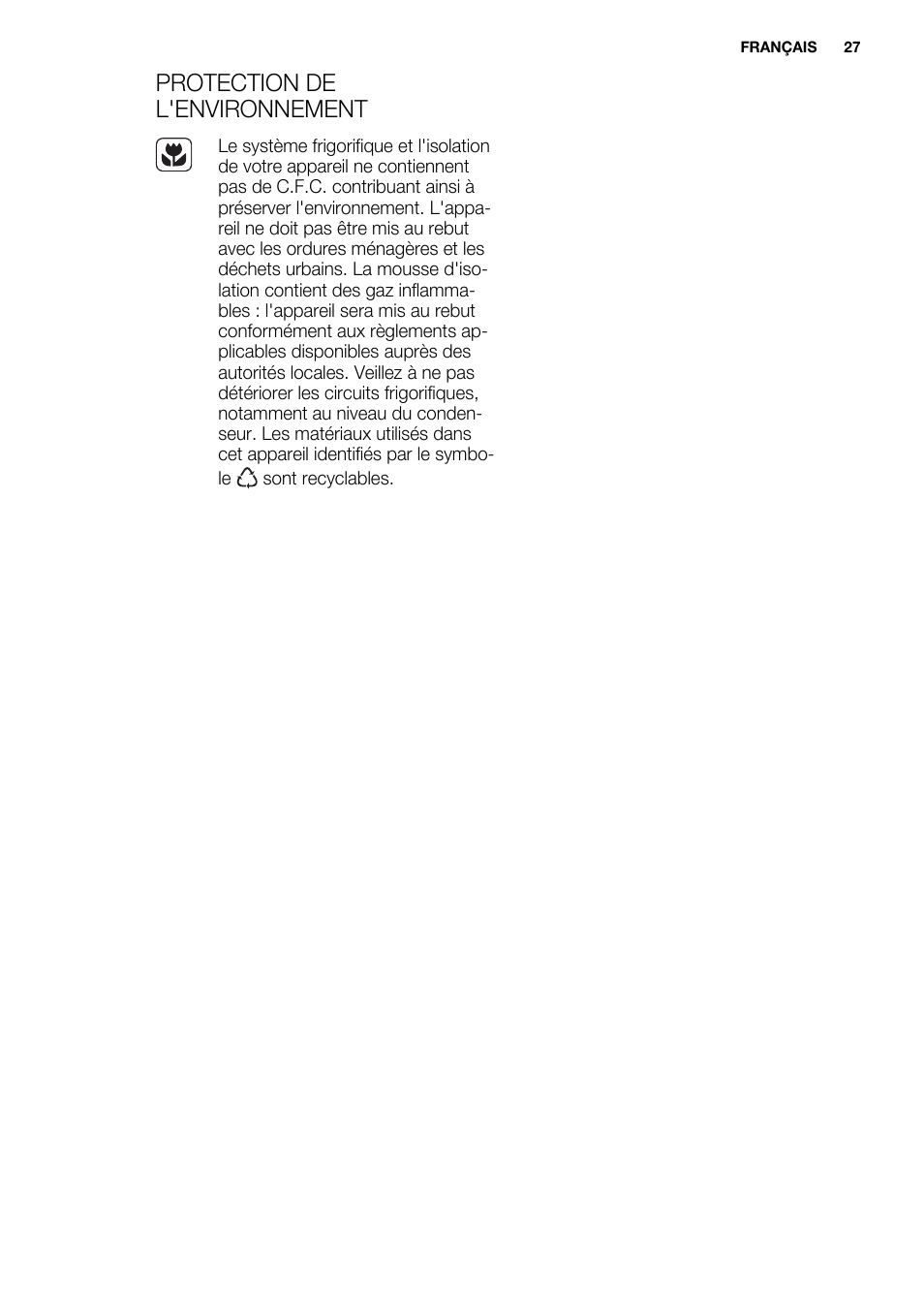 Protection de l'environnement | Electrolux ERY1201FOW User Manual | Page 27 / 68