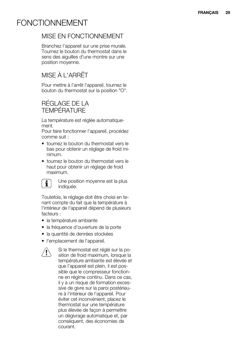 Fonctionnement, Mise en fonctionnement, Mise à l'arrêt | Réglage de la température | Electrolux ERY1201FOW User Manual | Page 29 / 68