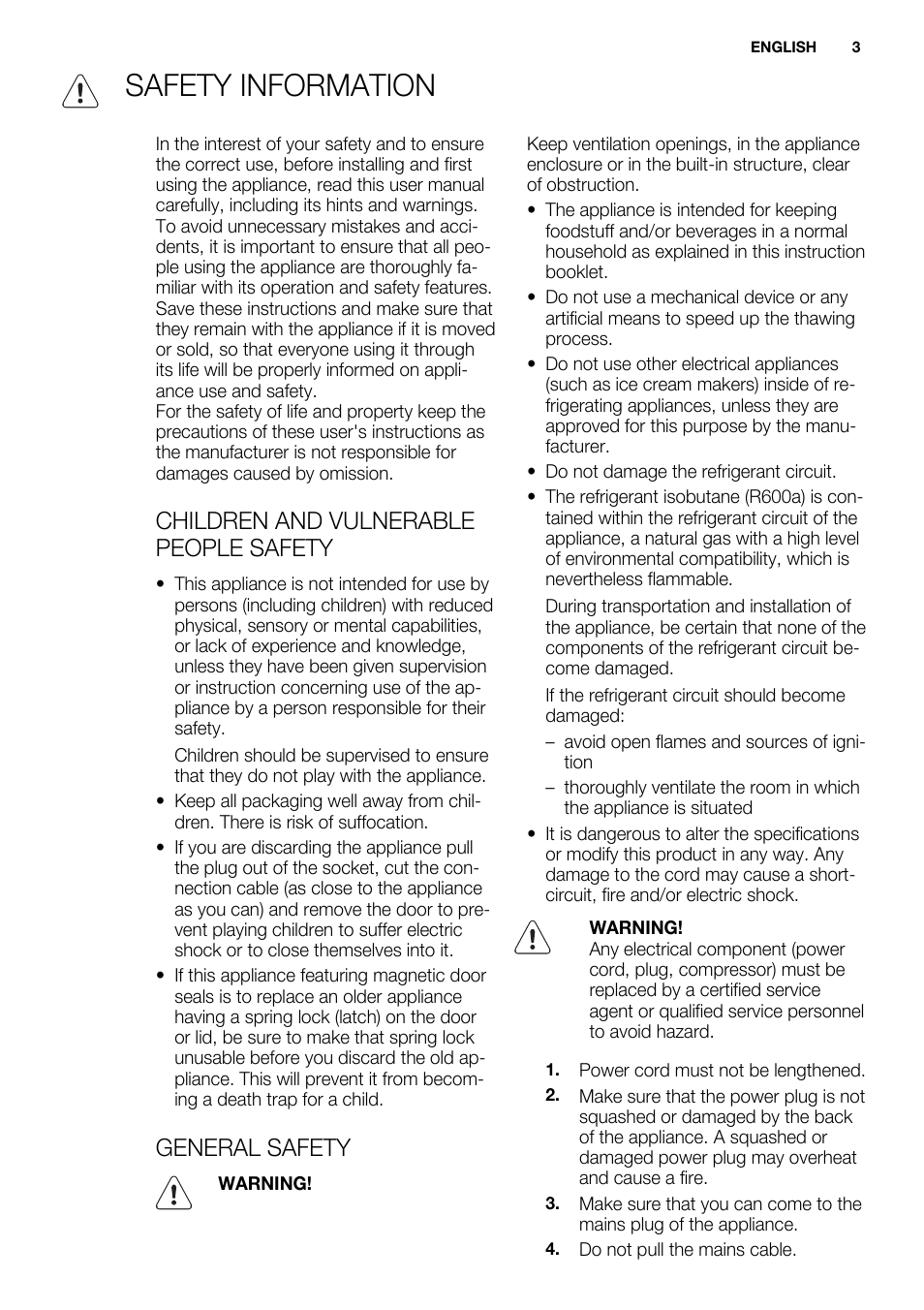 Safety information, Children and vulnerable people safety, General safety | Electrolux ERY1201FOW User Manual | Page 3 / 68