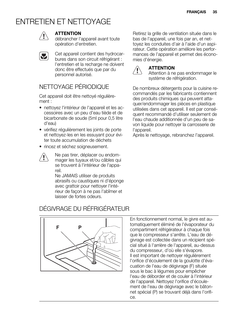 Entretien et nettoyage, Nettoyage périodique, Dégivrage du réfrigérateur | Electrolux ERY1201FOW User Manual | Page 35 / 68