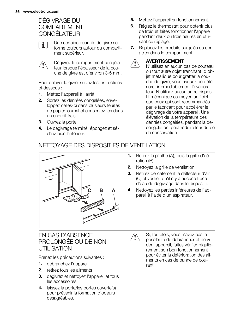 Dégivrage du compartiment congélateur, Nettoyage des dispositifs de ventilation, En cas d'absence prolongée ou de non- utilisation | Electrolux ERY1201FOW User Manual | Page 36 / 68