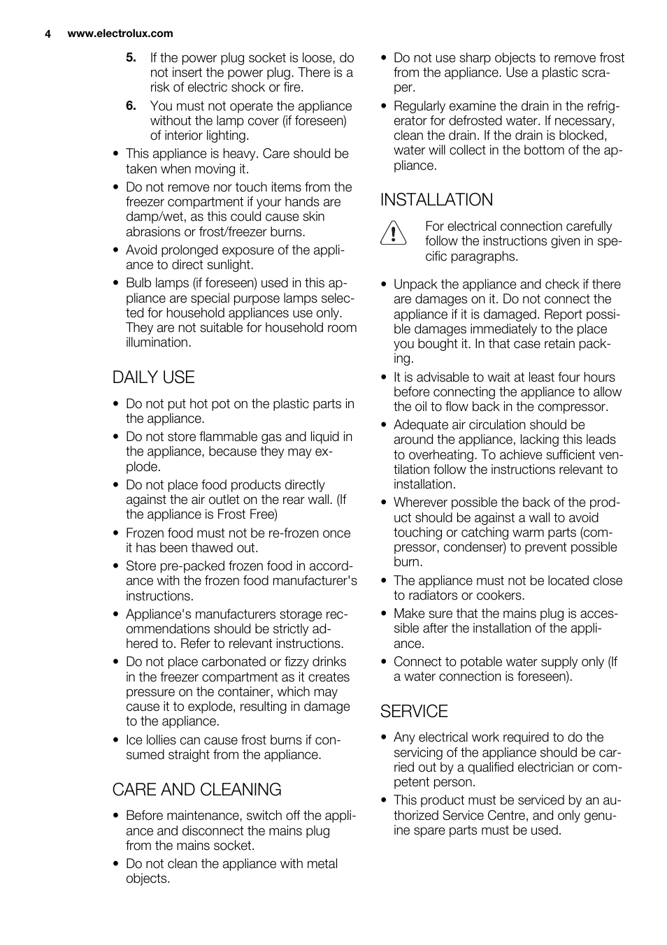 Daily use, Care and cleaning, Installation | Service | Electrolux ERY1201FOW User Manual | Page 4 / 68