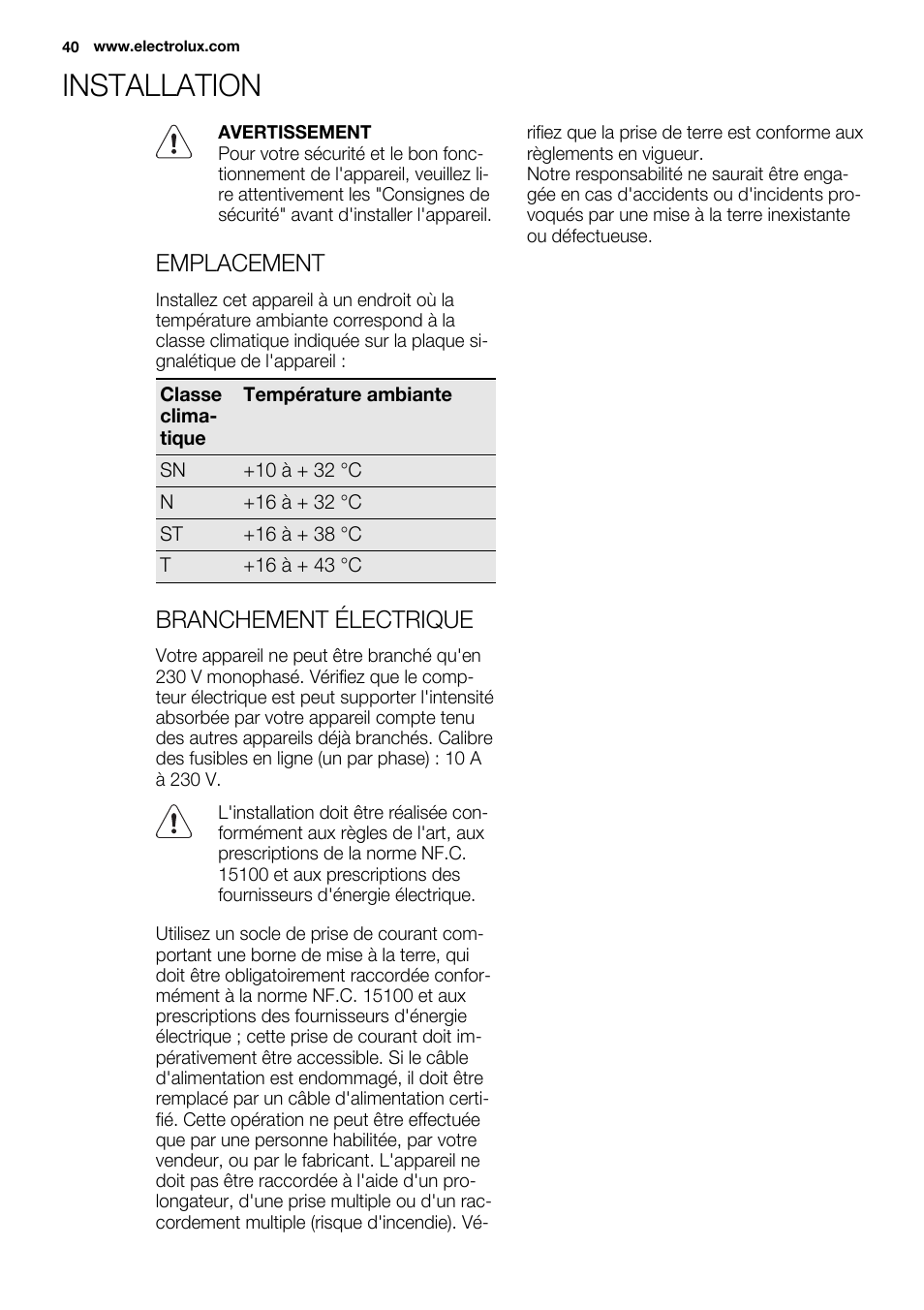 Installation, Emplacement, Branchement électrique | Electrolux ERY1201FOW User Manual | Page 40 / 68