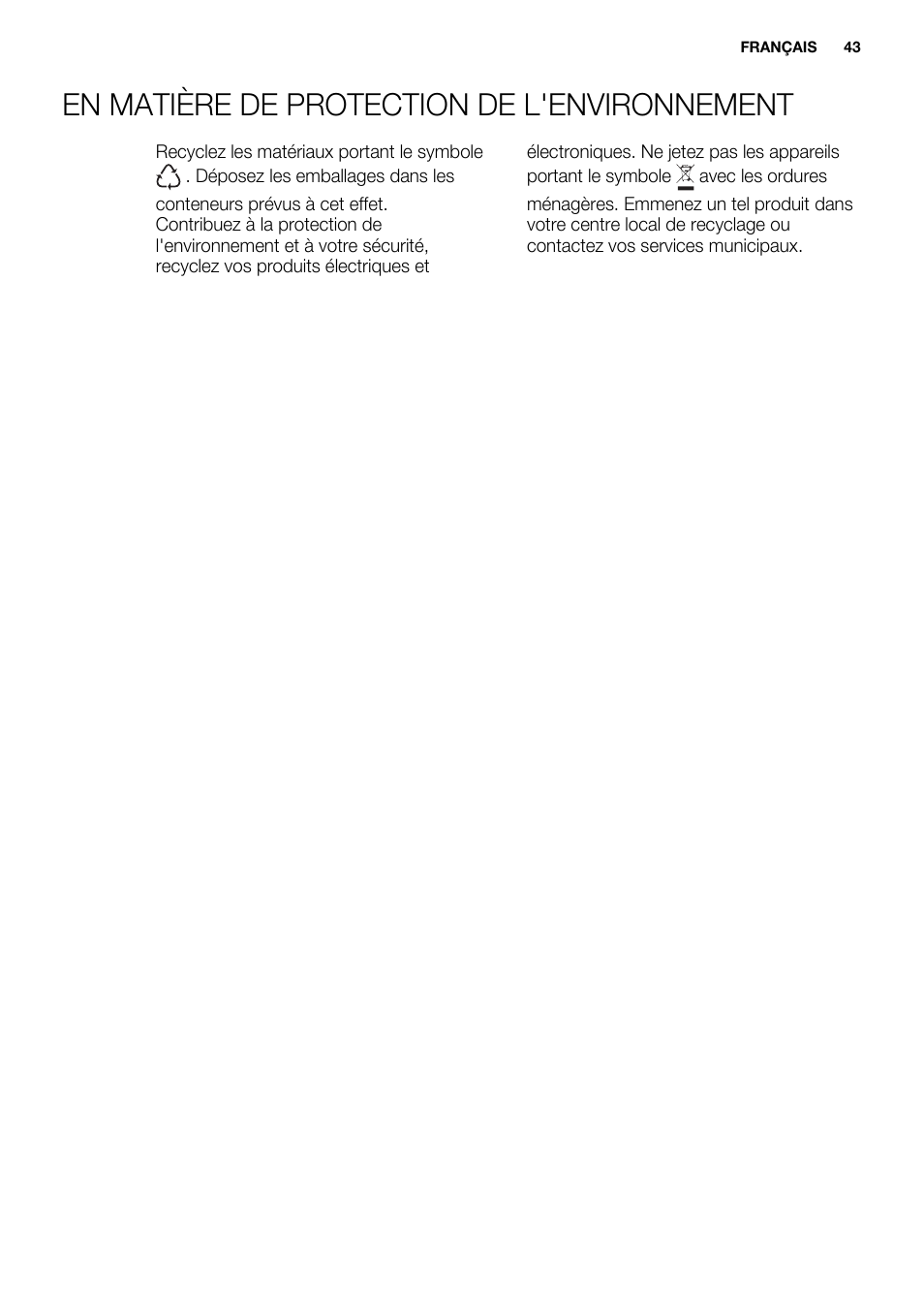 En matière de protection de l'environnement | Electrolux ERY1201FOW User Manual | Page 43 / 68