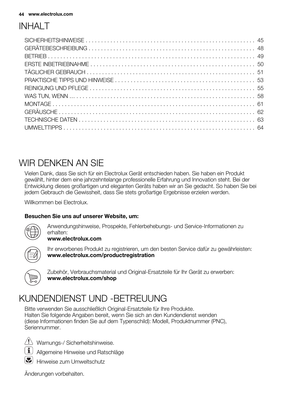 Inhalt, Wir denken an sie, Kundendienst und -betreuung | Electrolux ERY1201FOW User Manual | Page 44 / 68