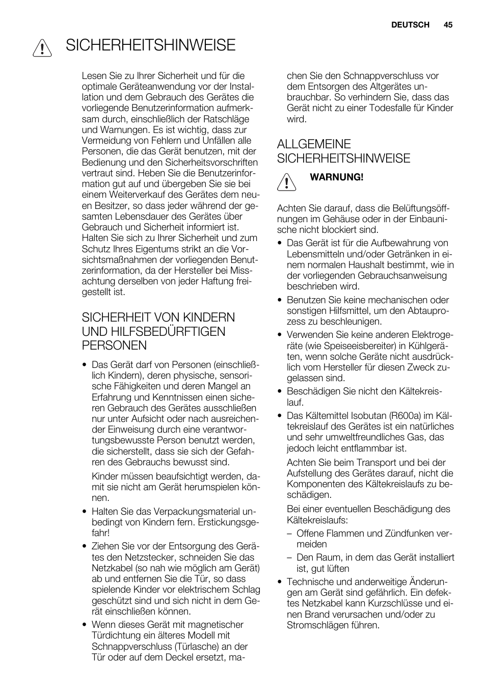 Sicherheitshinweise, Allgemeine sicherheitshinweise | Electrolux ERY1201FOW User Manual | Page 45 / 68