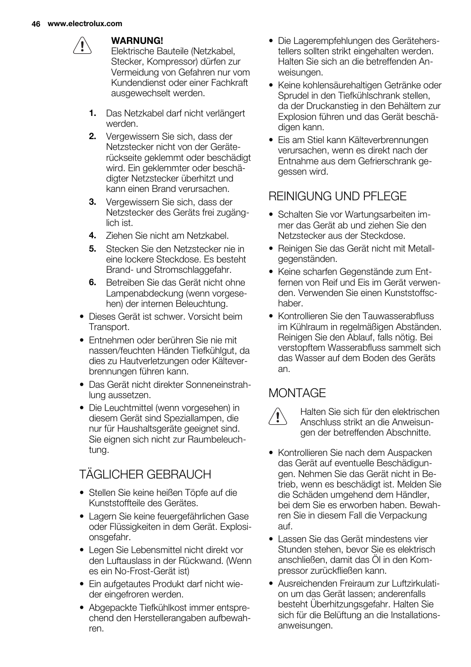 Täglicher gebrauch, Reinigung und pflege, Montage | Electrolux ERY1201FOW User Manual | Page 46 / 68