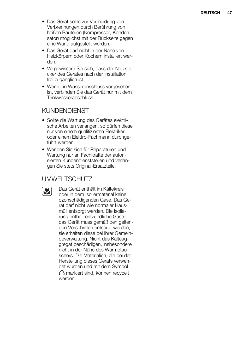 Kundendienst, Umweltschutz | Electrolux ERY1201FOW User Manual | Page 47 / 68