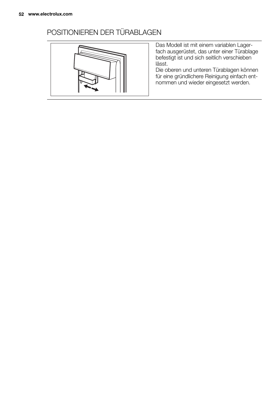Positionieren der türablagen | Electrolux ERY1201FOW User Manual | Page 52 / 68
