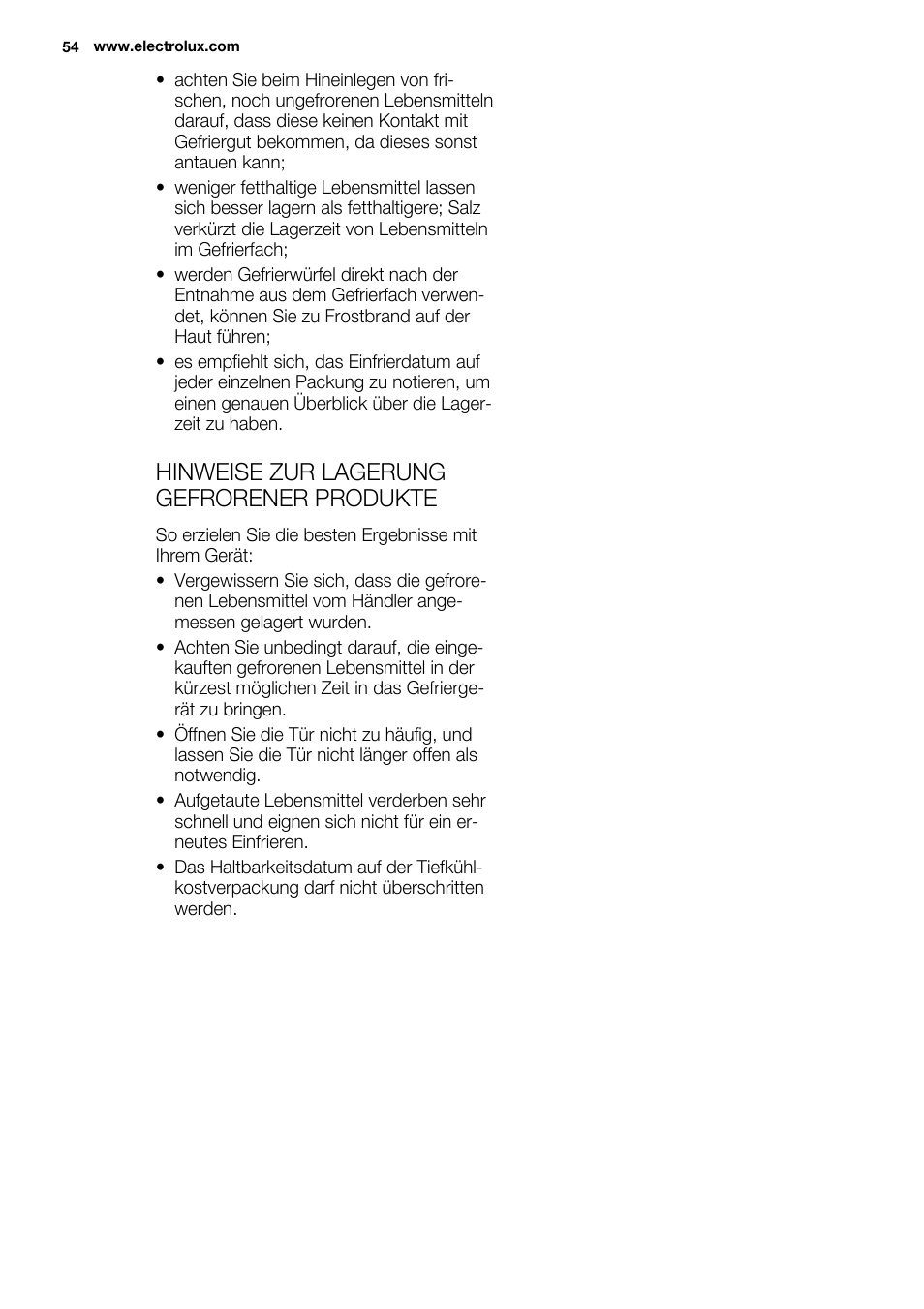 Hinweise zur lagerung gefrorener produkte | Electrolux ERY1201FOW User Manual | Page 54 / 68