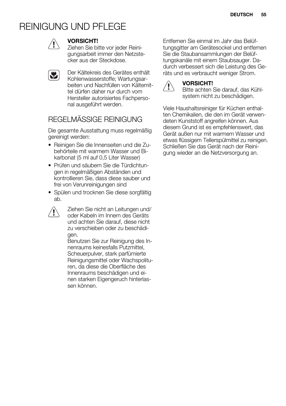 Reinigung und pflege, Regelmässige reinigung | Electrolux ERY1201FOW User Manual | Page 55 / 68