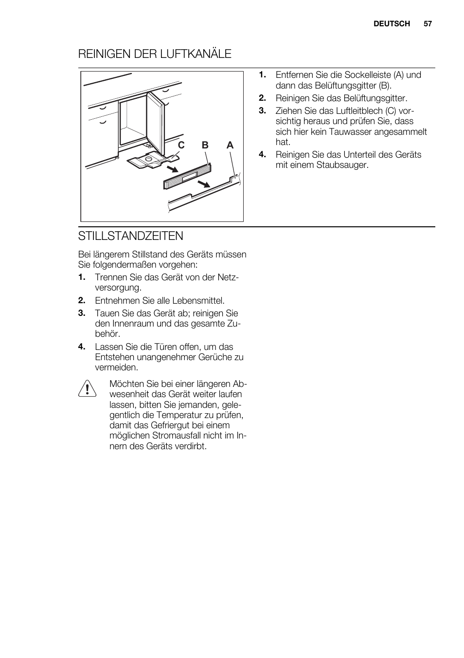 Reinigen der luftkanäle, Stillstandzeiten | Electrolux ERY1201FOW User Manual | Page 57 / 68