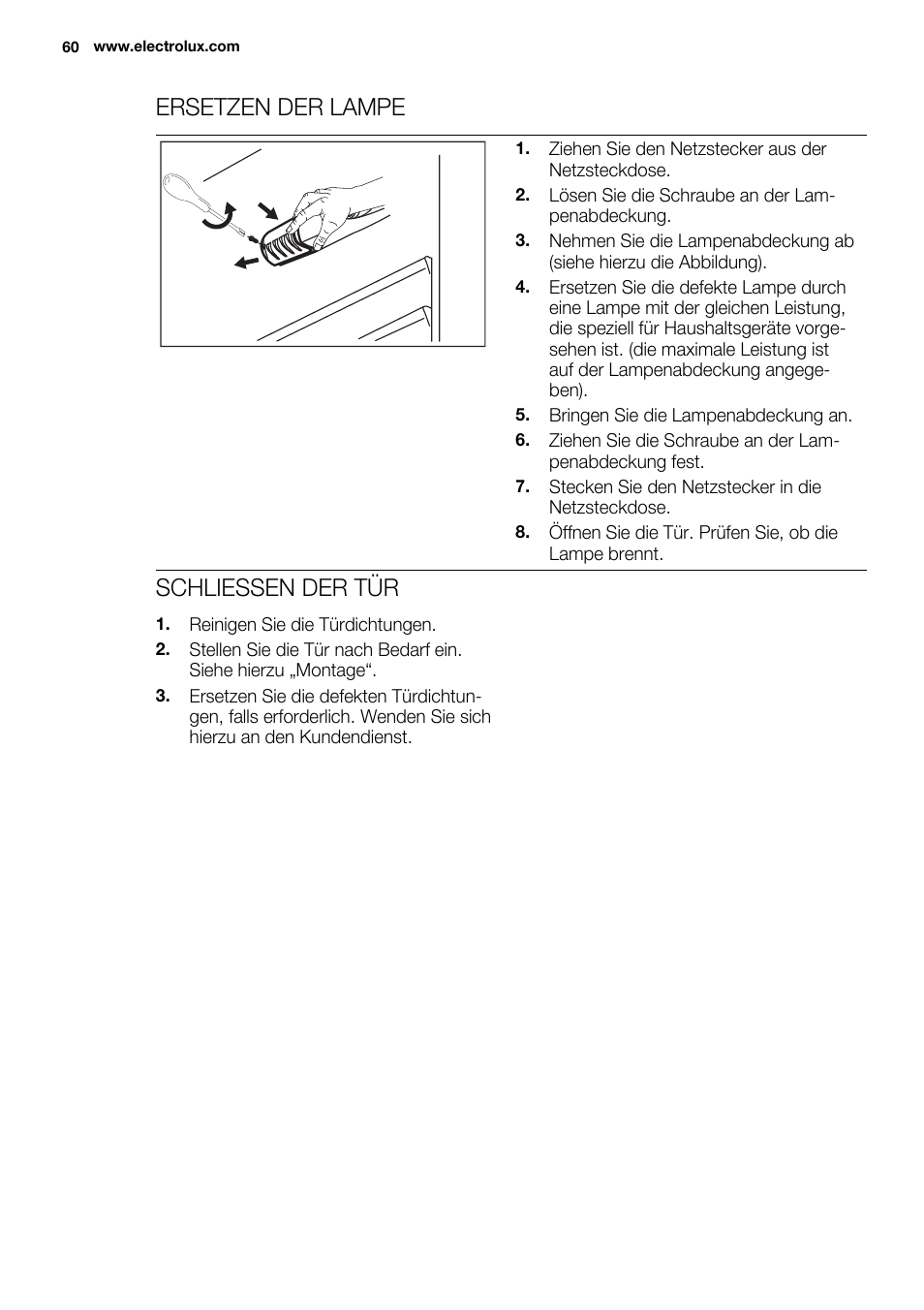 Ersetzen der lampe, Schliessen der tür | Electrolux ERY1201FOW User Manual | Page 60 / 68