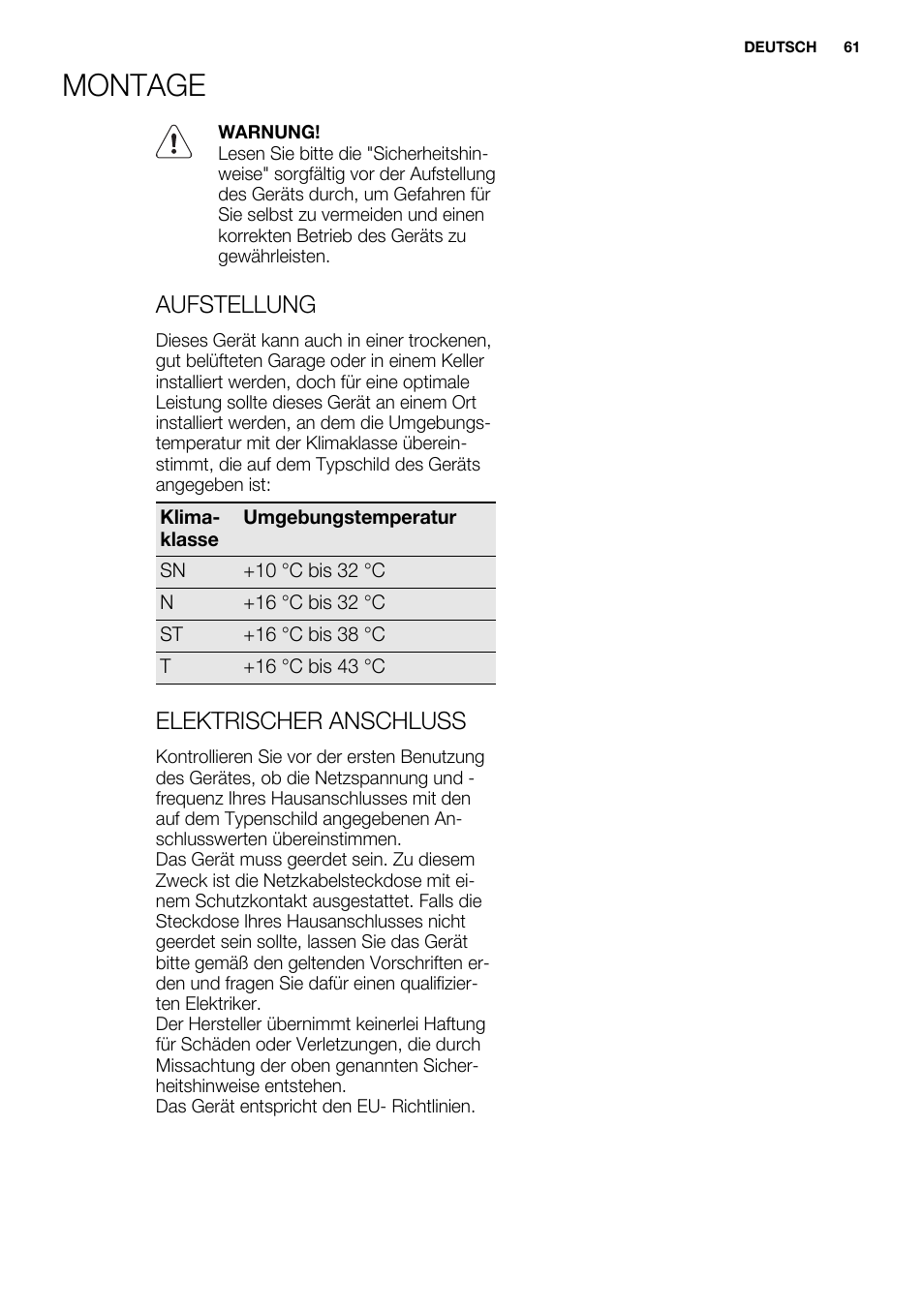 Montage, Aufstellung, Elektrischer anschluss | Electrolux ERY1201FOW User Manual | Page 61 / 68