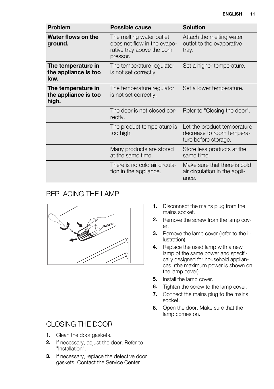 Replacing the lamp, Closing the door | Electrolux ERN2301AOW User Manual | Page 11 / 84