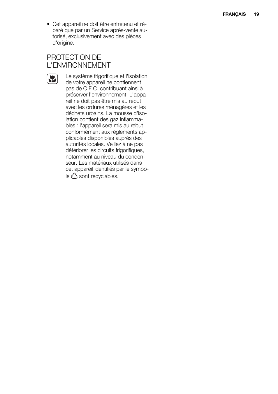 Protection de l'environnement | Electrolux ERN2301AOW User Manual | Page 19 / 84