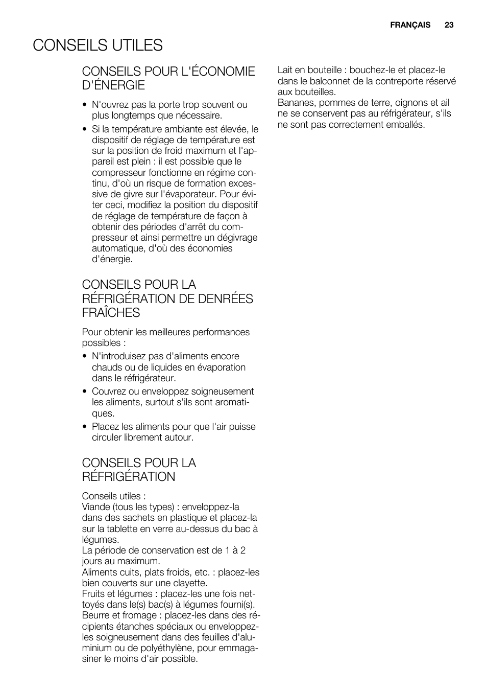 Conseils utiles, Conseils pour l'économie d'énergie, Conseils pour la réfrigération de denrées fraîches | Conseils pour la réfrigération | Electrolux ERN2301AOW User Manual | Page 23 / 84