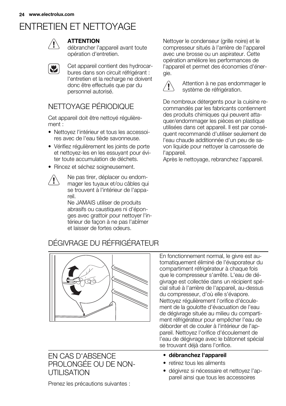 Entretien et nettoyage, Nettoyage périodique, Dégivrage du réfrigérateur | En cas d'absence prolongée ou de non- utilisation | Electrolux ERN2301AOW User Manual | Page 24 / 84
