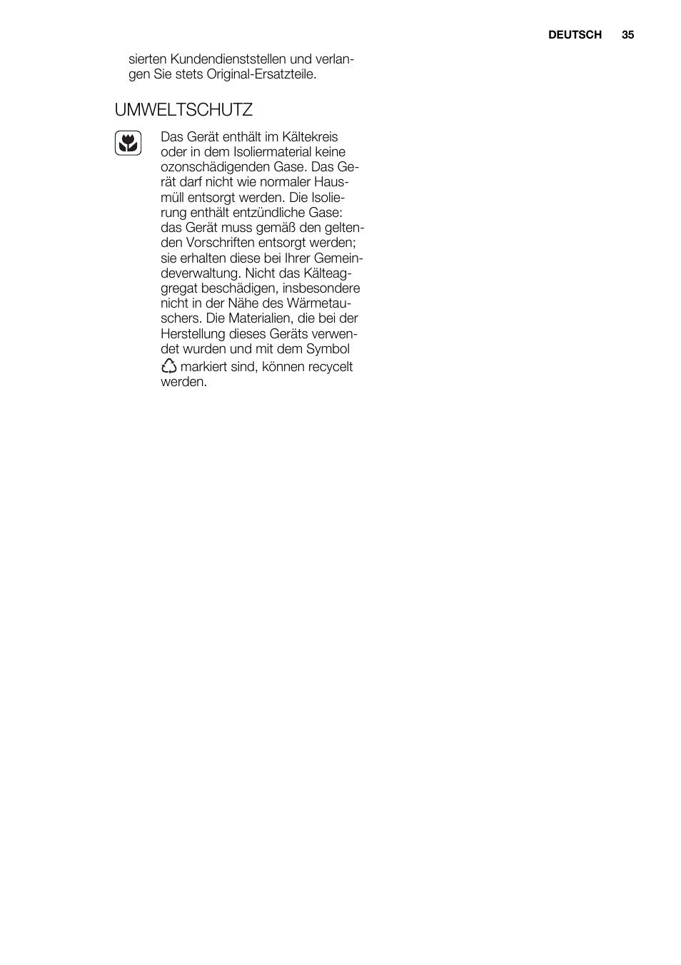 Umweltschutz | Electrolux ERN2301AOW User Manual | Page 35 / 84