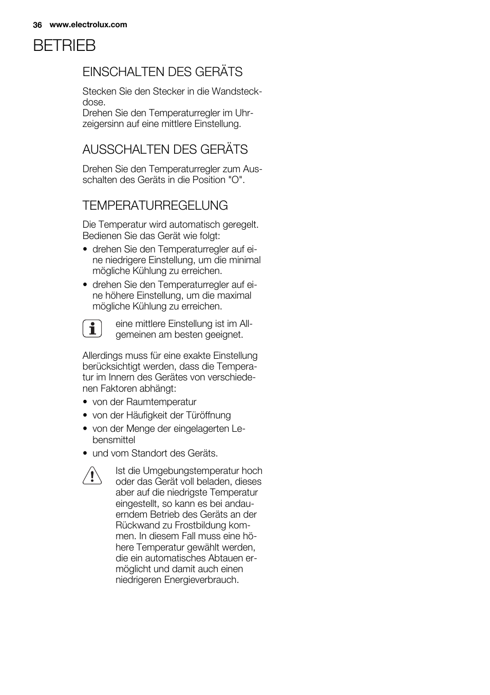 Betrieb, Einschalten des geräts, Ausschalten des geräts | Temperaturregelung | Electrolux ERN2301AOW User Manual | Page 36 / 84