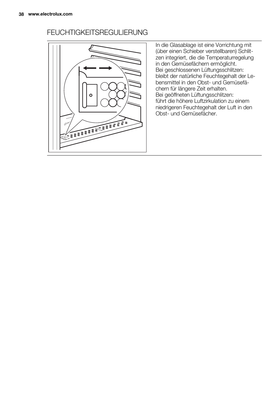 Feuchtigkeitsregulierung | Electrolux ERN2301AOW User Manual | Page 38 / 84