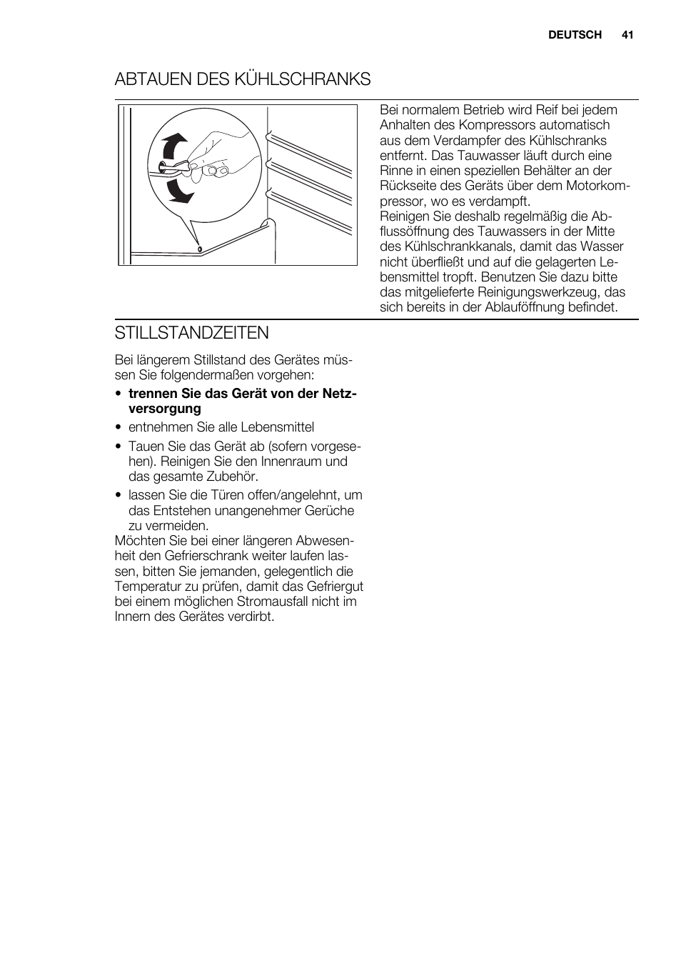 Abtauen des kühlschranks, Stillstandzeiten | Electrolux ERN2301AOW User Manual | Page 41 / 84