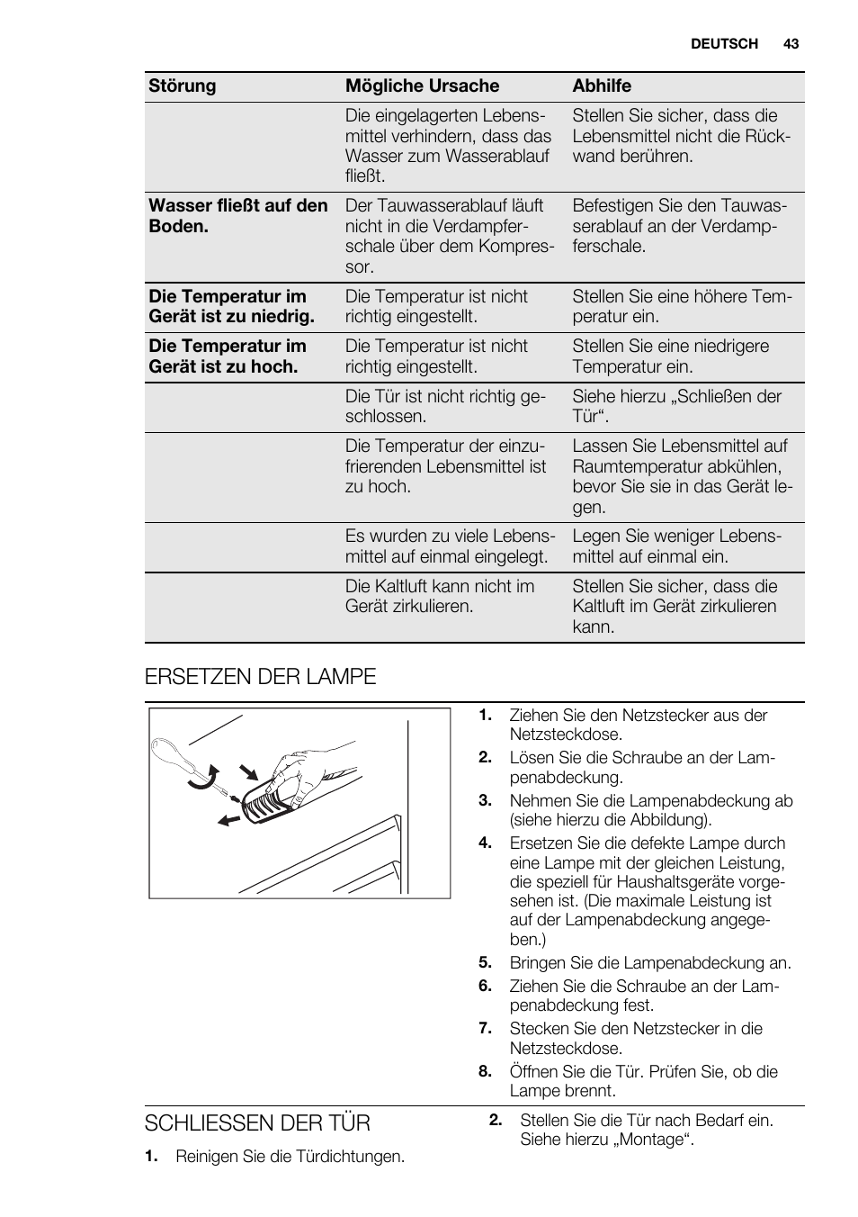 Ersetzen der lampe, Schliessen der tür | Electrolux ERN2301AOW User Manual | Page 43 / 84