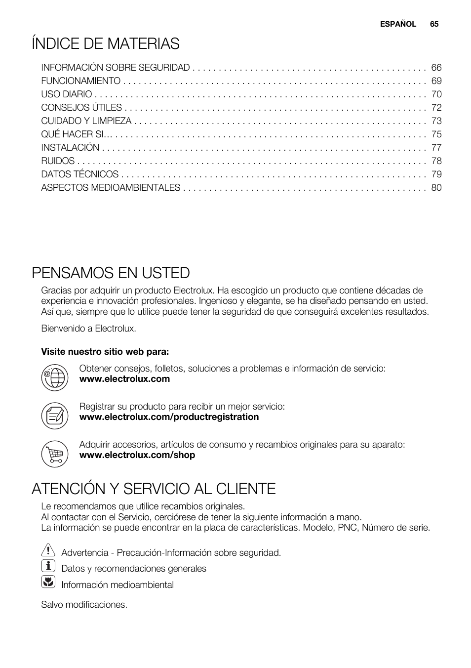 Índice de materias, Pensamos en usted, Atención y servicio al cliente | Electrolux ERN2301AOW User Manual | Page 65 / 84