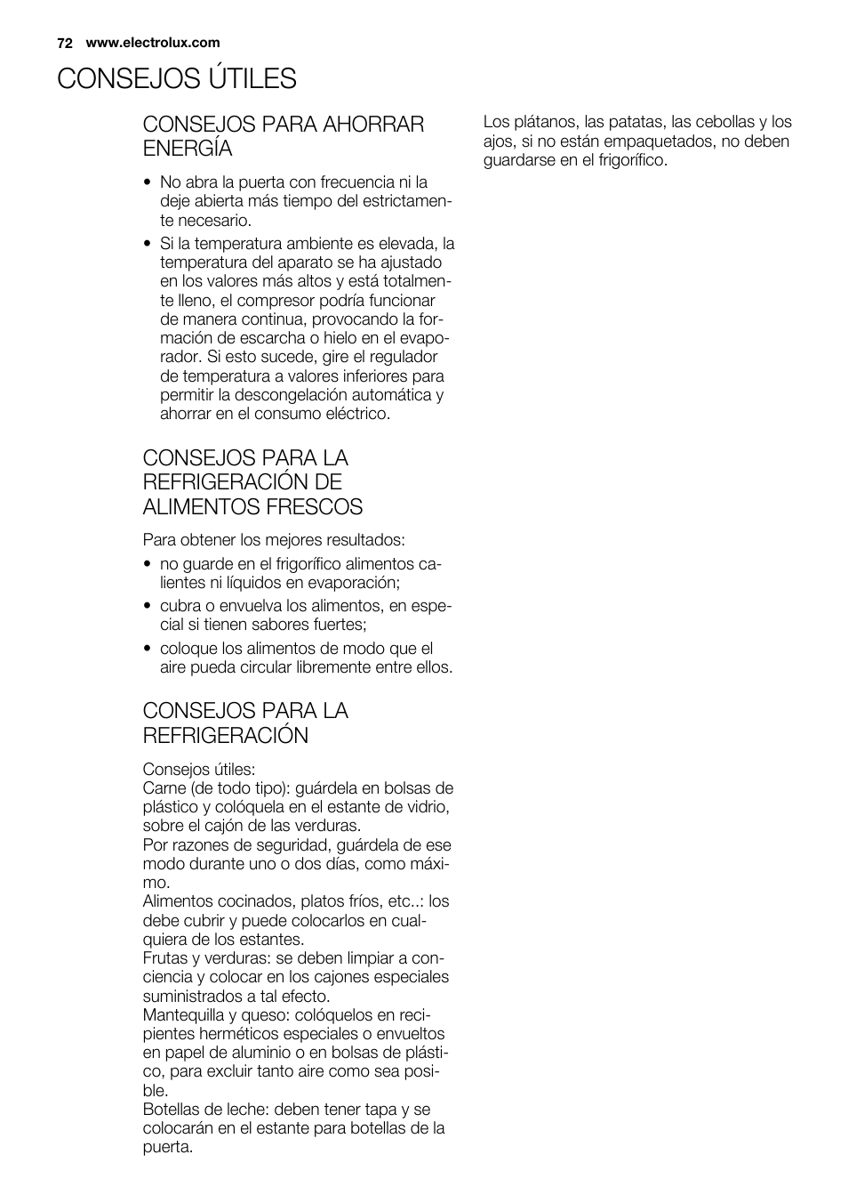 Consejos útiles, Consejos para ahorrar energía, Consejos para la refrigeración | Electrolux ERN2301AOW User Manual | Page 72 / 84