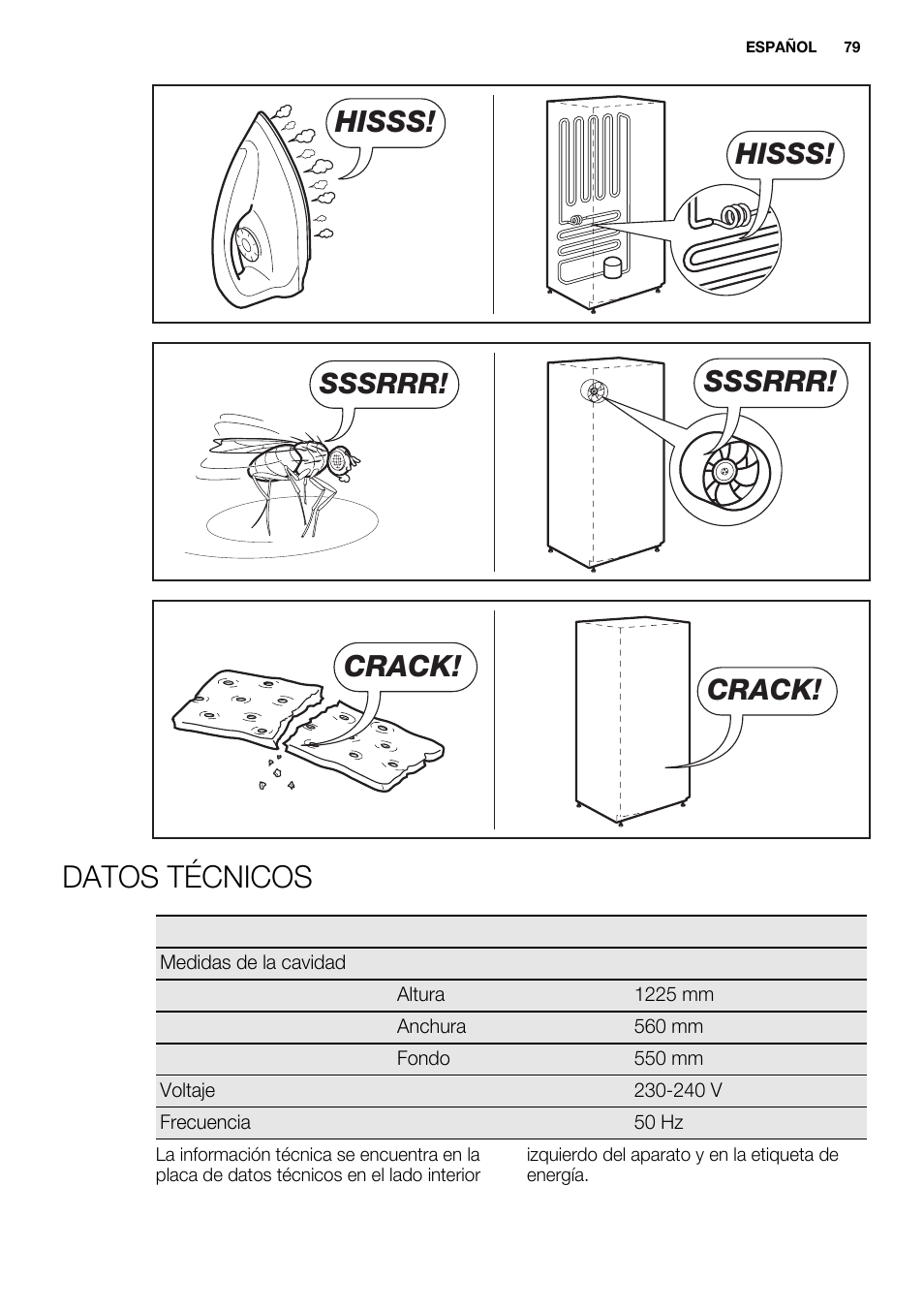 Datos técnicos, Hisss, Sssrrr | Crack | Electrolux ERN2301AOW User Manual | Page 79 / 84