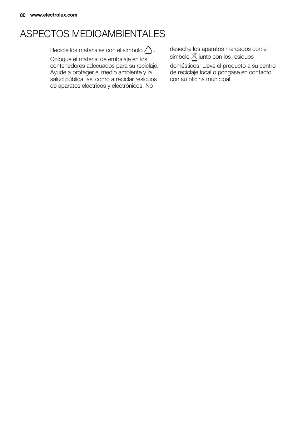 Aspectos medioambientales | Electrolux ERN2301AOW User Manual | Page 80 / 84