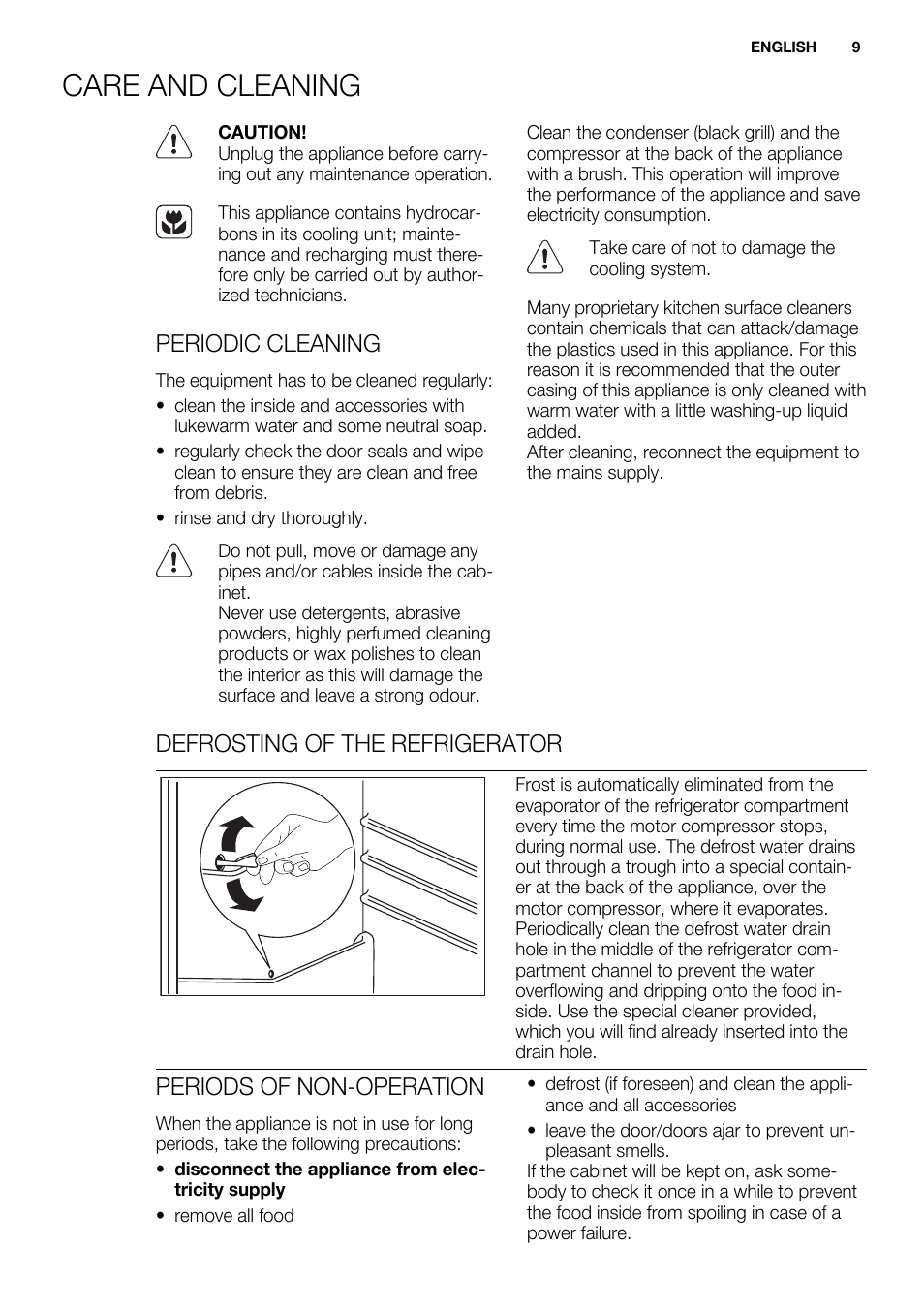 Care and cleaning, Periodic cleaning, Defrosting of the refrigerator | Periods of non-operation | Electrolux ERN2301AOW User Manual | Page 9 / 84