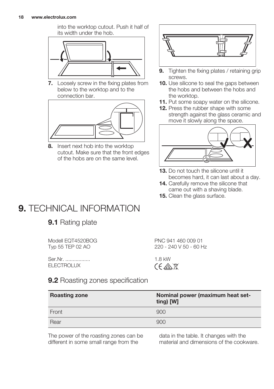 Technical information, 1 rating plate, 2 roasting zones specification | Electrolux EQT4520BOG User Manual | Page 18 / 60