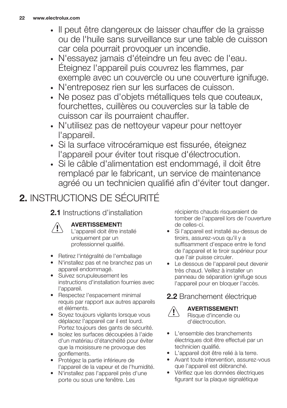 Instructions de sécurité, 1 instructions d’installation, 2 branchement électrique | N'entreposez rien sur les surfaces de cuisson | Electrolux EQT4520BOG User Manual | Page 22 / 60