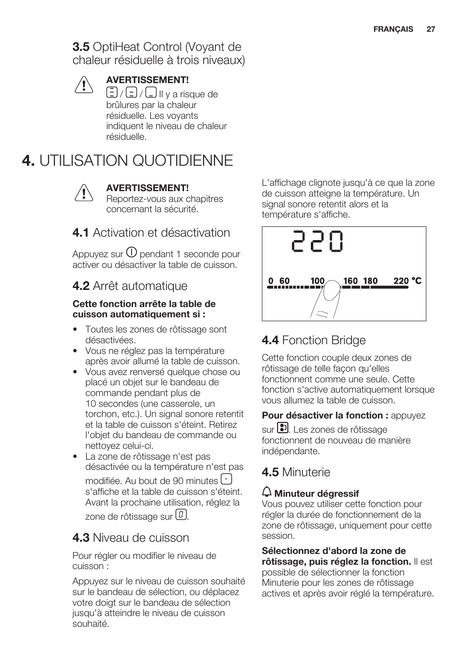 Utilisation quotidienne, 1 activation et désactivation, 2 arrêt automatique | 3 niveau de cuisson, 4 fonction bridge, 5 minuterie | Electrolux EQT4520BOG User Manual | Page 27 / 60