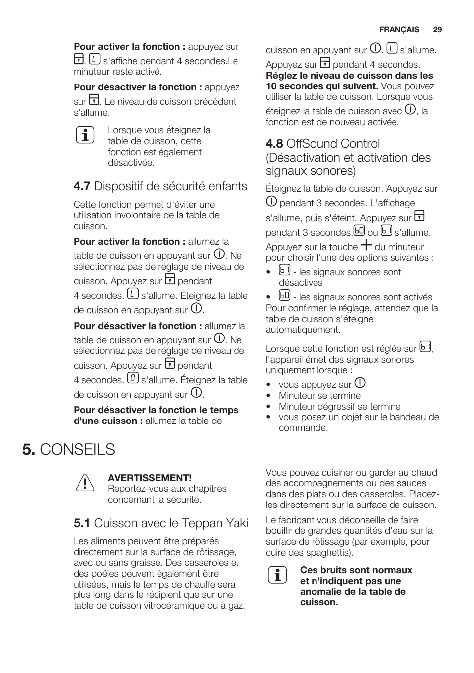 7 dispositif de sécurité enfants, Conseils, 1 cuisson avec le teppan yaki | Electrolux EQT4520BOG User Manual | Page 29 / 60
