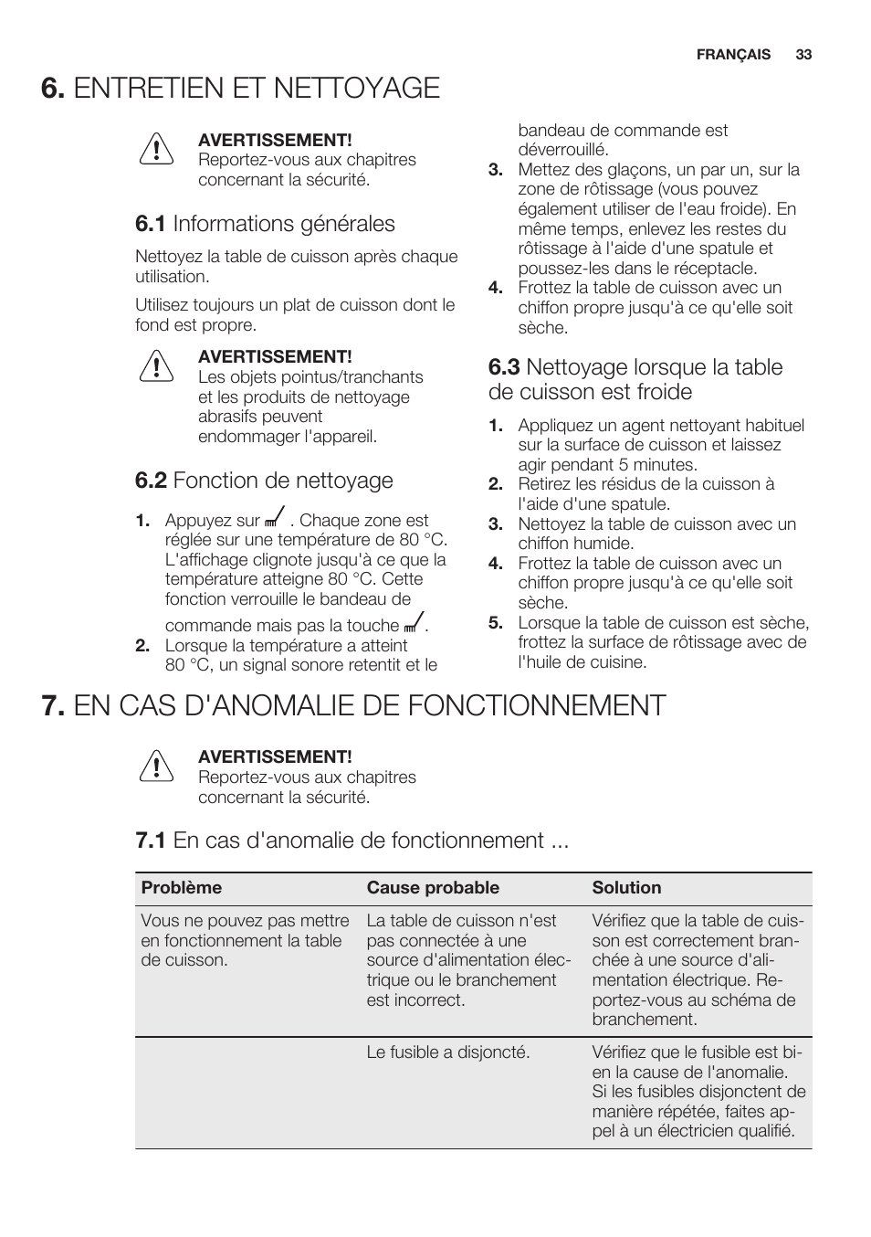 Entretien et nettoyage, 1 informations générales, 2 fonction de nettoyage | 3 nettoyage lorsque la table de cuisson est froide, En cas d'anomalie de fonctionnement, 1 en cas d'anomalie de fonctionnement | Electrolux EQT4520BOG User Manual | Page 33 / 60
